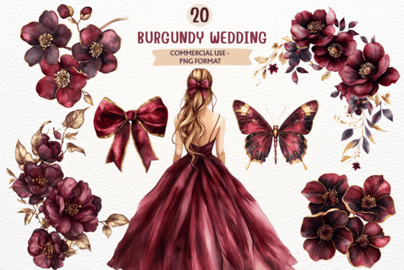 Burgundy Watercolor Clipart: Richness for Your Wedding Designs