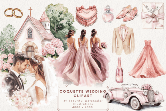 Coquette Wedding Clipart: 69 Delicate Assets for Your Designs