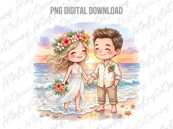 Cute Beach Wedding Couple Chibi PNG: A Designer's Delight