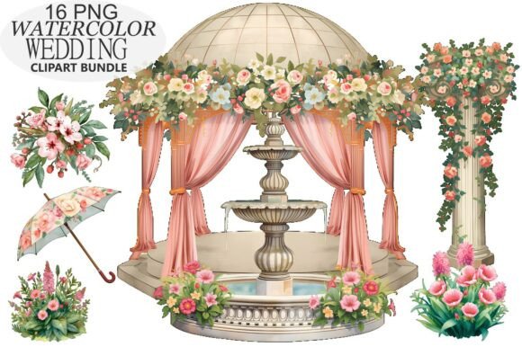 Elegant Watercolor Wedding Gazebo Clipart Bundle for Dreamy Designs