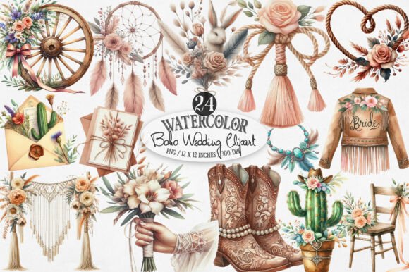 Western Boho Wedding Clipart: Effortless Charm for Your Designs