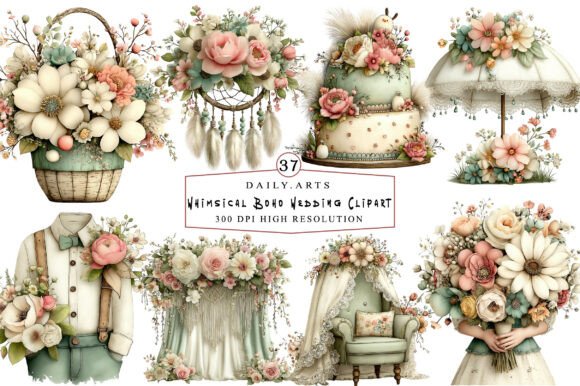 Whimsical Boho Wedding Clipart for Dreamy Designs